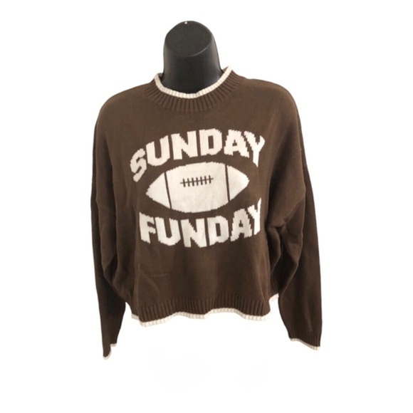 Jessica Simpson brown white trim crewneck Sunday Funday long sleeve sweater szXS - Picture 4 of 12